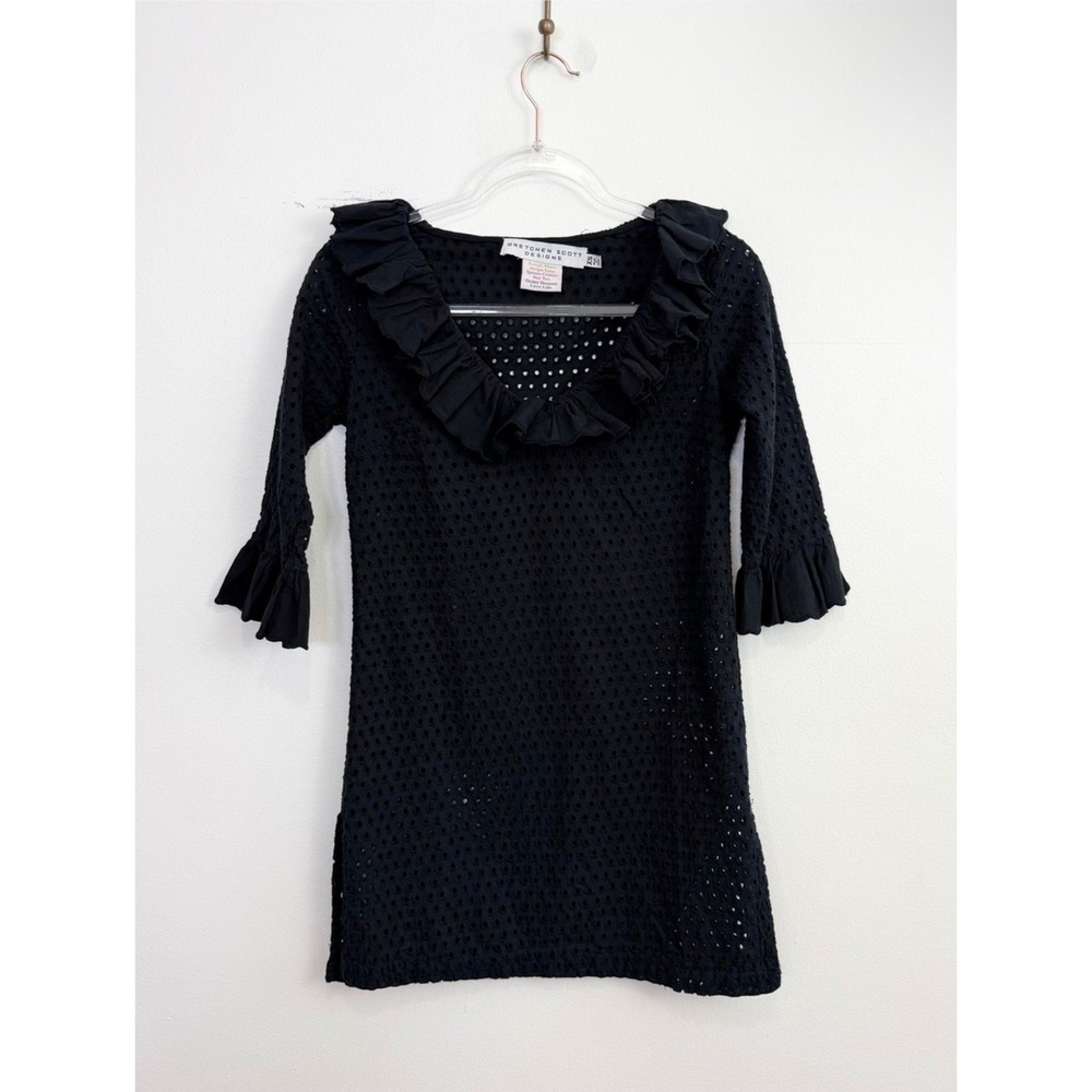 Gretchen Scott Black Eyelet Cotton Ruffle Swim Cover Up Tunic Size XS